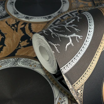 Carta da parati Versace in tessuto non tessuto Art De La Table Baroque Circles Medusa Meander Nero Oro 