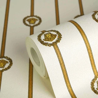 Carta da parati in tessuto non tessuto di Versace I Love Baroque stripes Medusa White Gold di lusso 