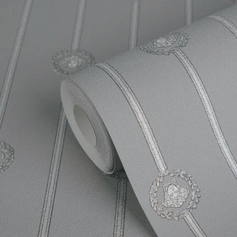 Carta da parati in tessuto non tessuto Versace I Love Baroque stripes Medusa grigio argento lussuoso 