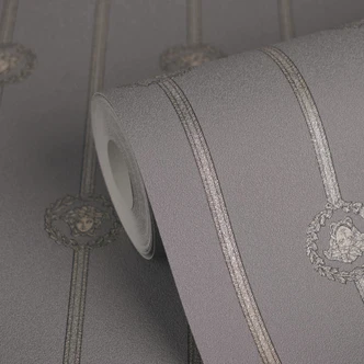 Carta da parati in tessuto non tessuto Versace I Love Baroque stripes Medusa Taupe Silver luxurious 