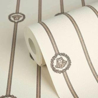 Carta da parati in tessuto non tessuto Versace I Love Baroque stripes Medusa White Taupe lussuosa 
