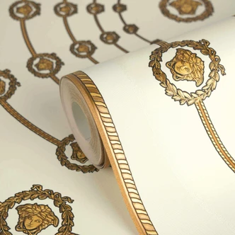 Carta da parati in tessuto non tessuto Versace I Love Baroque Medusa Circles White Gold di lusso 