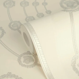 Carta da parati in tessuto non tessuto Versace I Love Baroque Medusa Circles Grigio Bianco lussuoso 