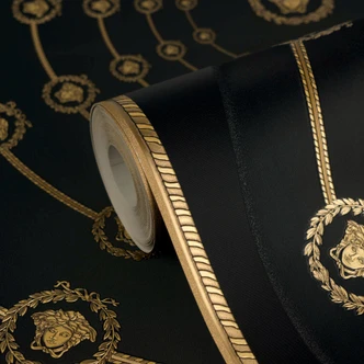 Carta da parati in tessuto non tessuto Versace I Love Baroque Medusa Circles Nero Gold lussuoso 
