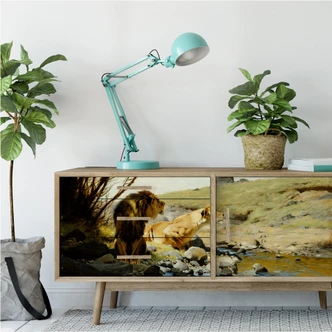 Wallprint W - Kuhnert - Ein Löwe und eine Löwinan einem Bach 