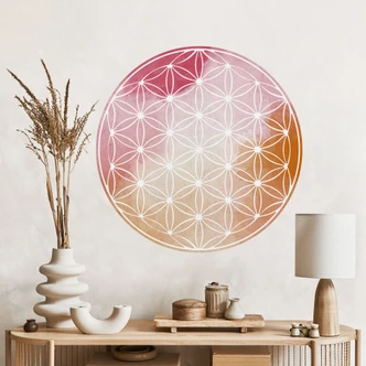 Wandtattoo Lebensblume weiß im Watercolor-Kreis - Rund Wandtattoo Lebensblume weiß im Watercolor-Kreis - Rund