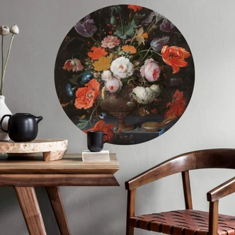 Wandtattoo Mignon - Stillleben mit Blumen und einer Uhr - rund 