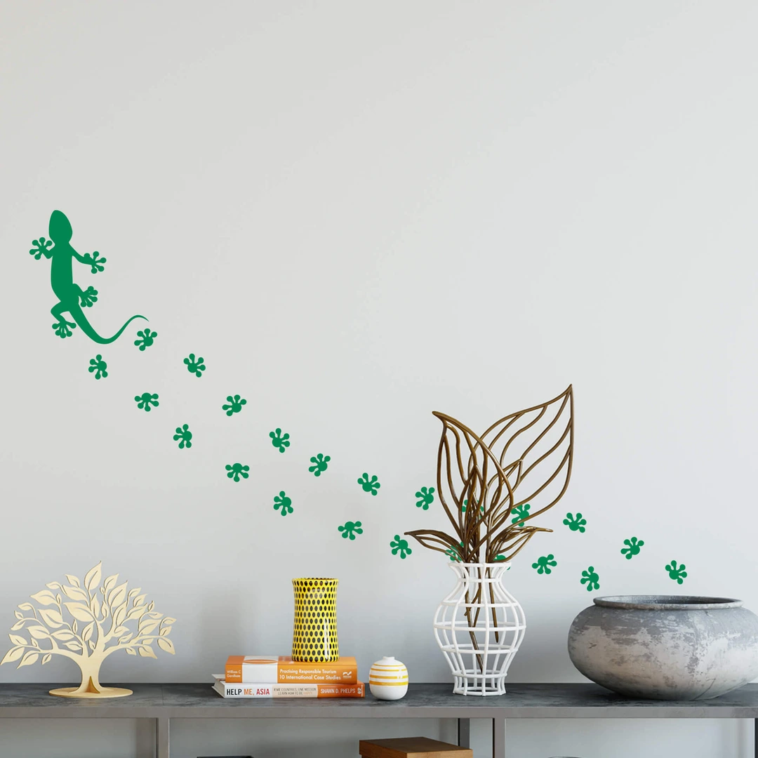 Wandtattoo 3x Gekkos Mit Spuren – 60cm, 40cm, 17cm, Hellgrün, Selbstklebend, Für Tapete, Putz, Glas