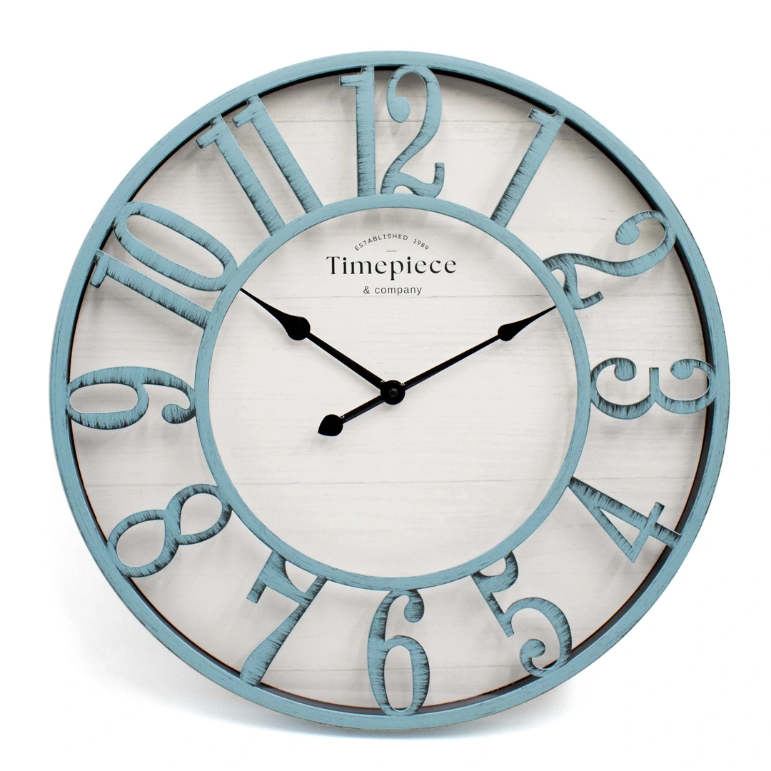 Orologio da parete shabby chic in metallo e legno blu vintage