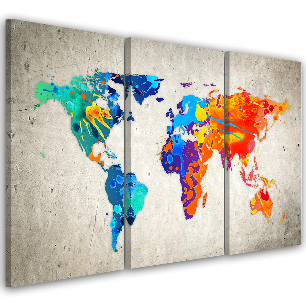 Quadro Mappamondo 3 Pezzi 135x90 Cm – Stampa Su Tela In TNT, Grigio, Moderno, Per Soggiorno E Ufficio, Da Parete