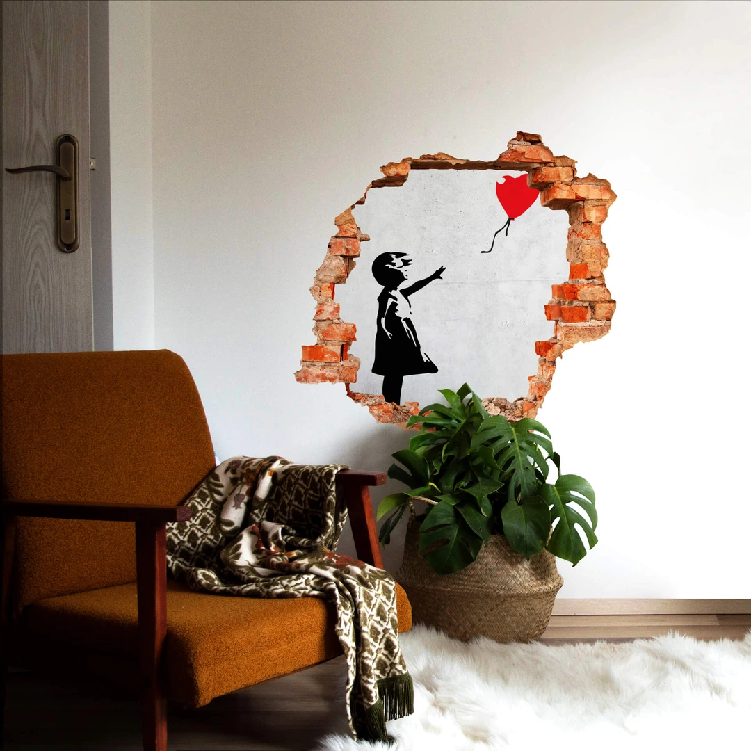 Sticker muraux salon Banksy fille ballons monocolore