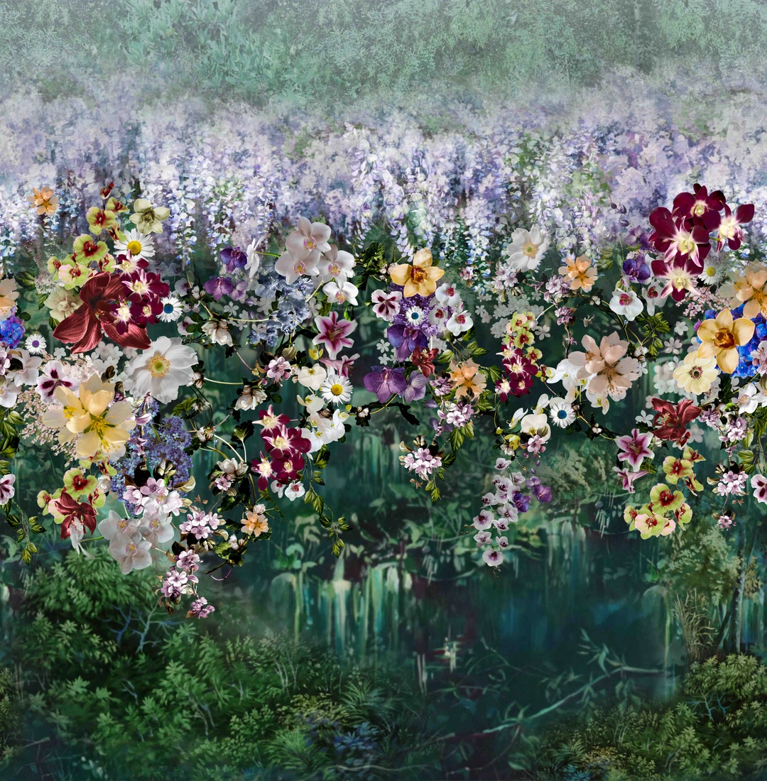 Fotobehang Wilde bloemenweide met bloemenmix in paars en crème 2.7 x 2.65 m