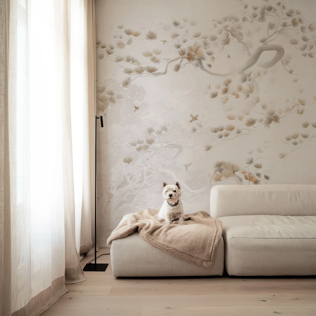 Livingwalls Fotobehang Aziatische boom met vogels Groen Bruin Beige 382331 The Wall 2,8x3,71m woonkamer hal eetkamer