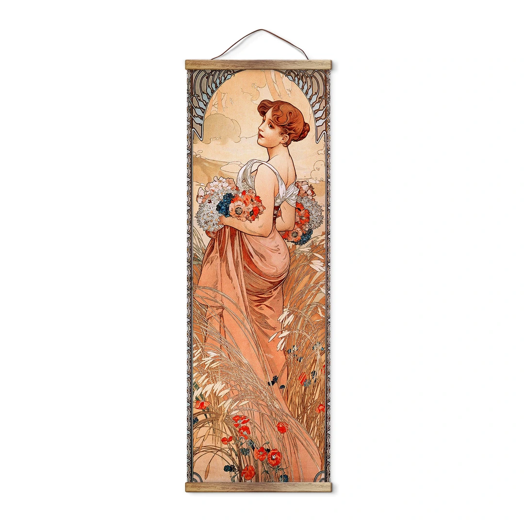 K&L Wall Art Quadro In Tessuto Mucha Stagioni Primavera - Stampa Liberty 30x90 Cm Con Listelli In Legno