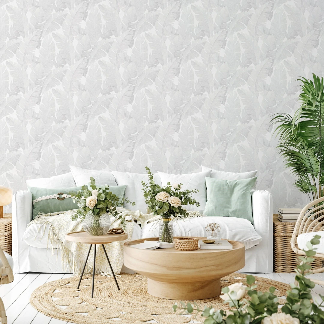 behang met getekende bloesems wit groen - vliesbehang bloemmotieven met bloemen
