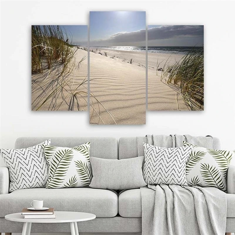 Runa Art - Schilderijen Strand Palmbomen 200 x 100 cm 5 Delen XXL Muur Decoratie Design Blauw Beige 603351a