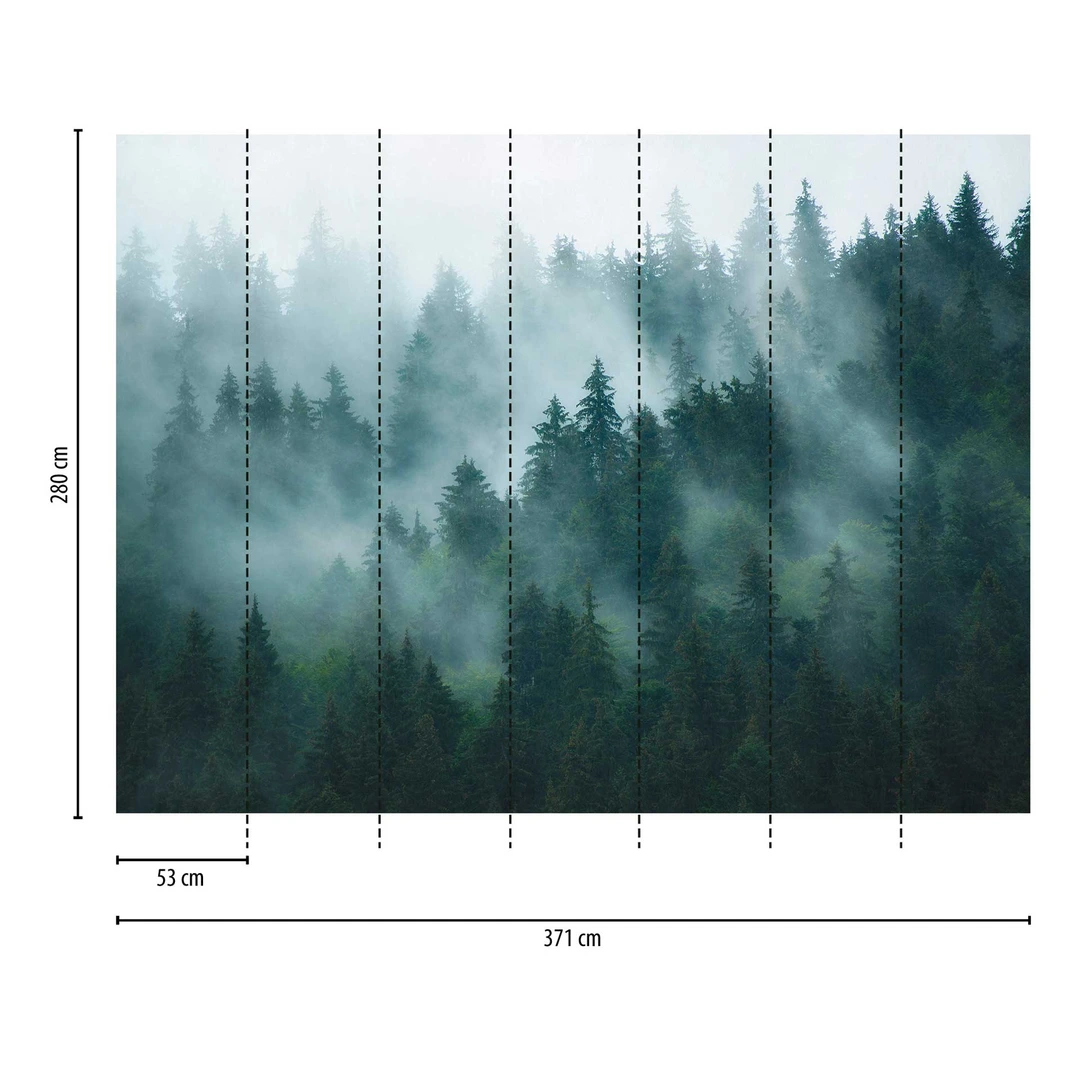 Vlies fotobehang bergen 3D-effect bos in mist landschap natuur bomen - incl. lijm - voor woonkamer slaapkamer vliesbehang wandbehang vliesbehang motiefbehang kant-en-klaar (368x254 cm