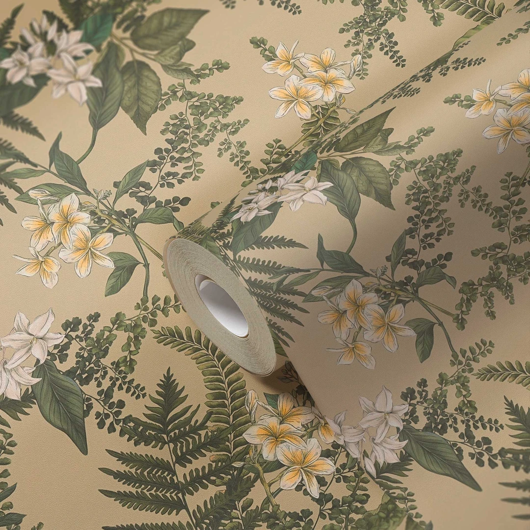 planten behang met bloesems groen beige - vliesbehang met bloemmotieven |  wall-art.nl