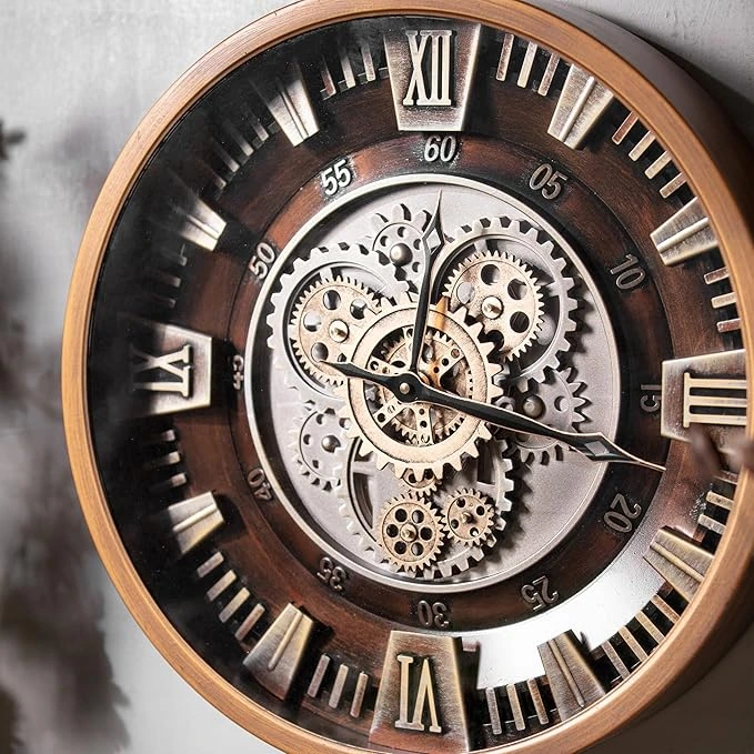 Rustieke XL vintage wandklok met Romeinse cijfers en tandwielen