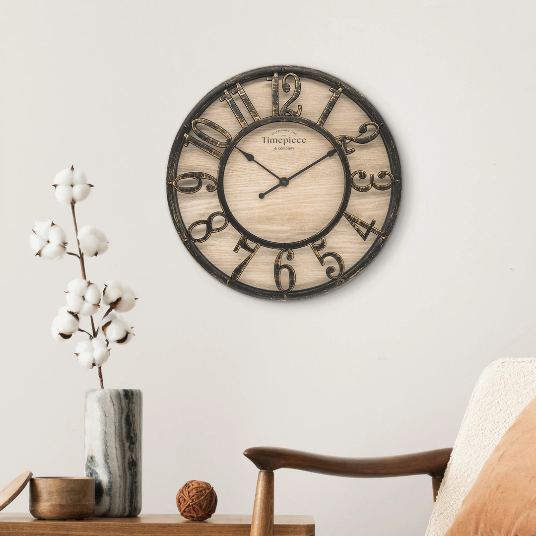 Horloge Murale Bettina 64 Cm - Chiffres Romains - Métal Bronze - Aspect Industriel - Neuve