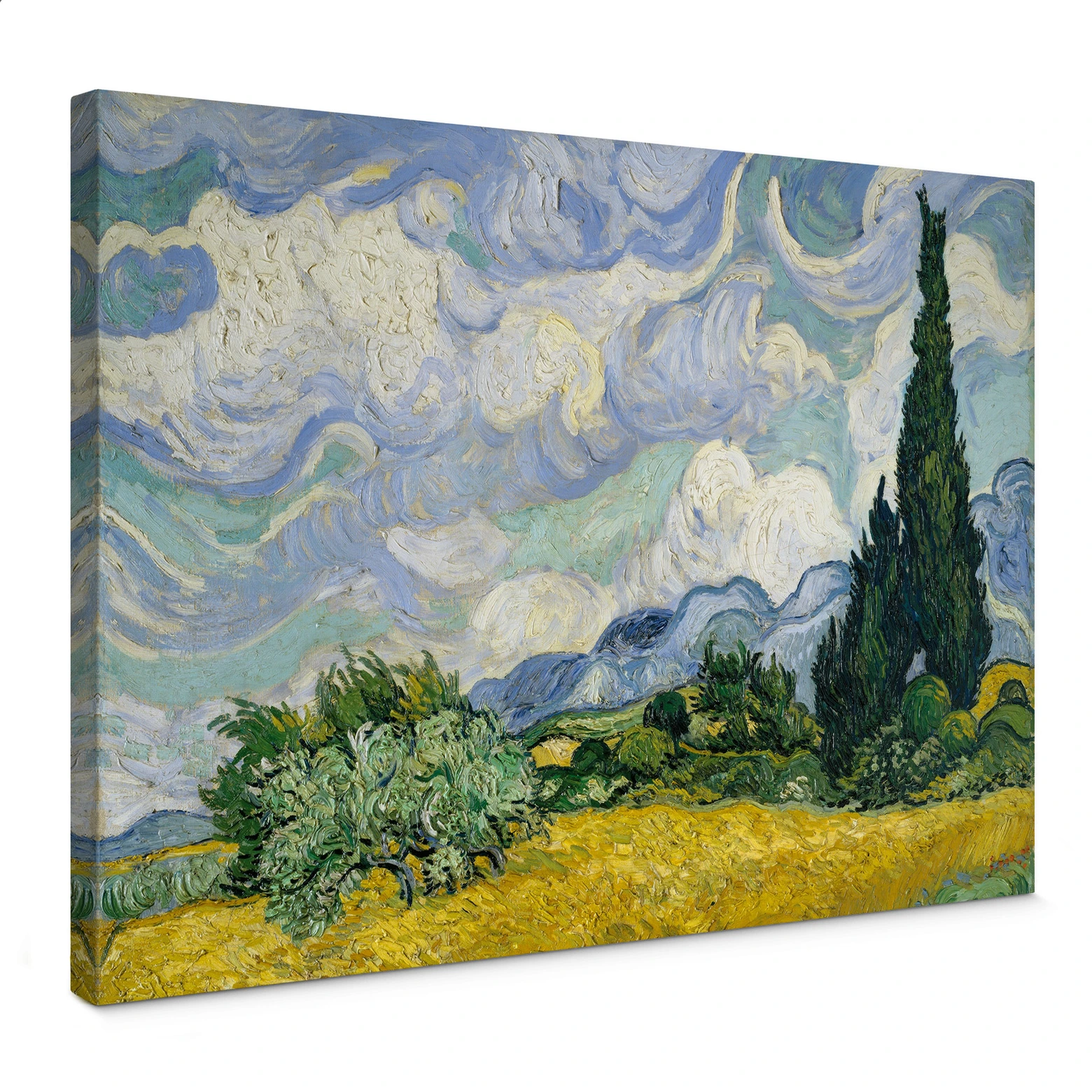 Van Gogh T-Shirt „Weizenfeld Mit Zypressen“ – Kunst-Druck, Uni-Sex, Baumwolle, Weiß