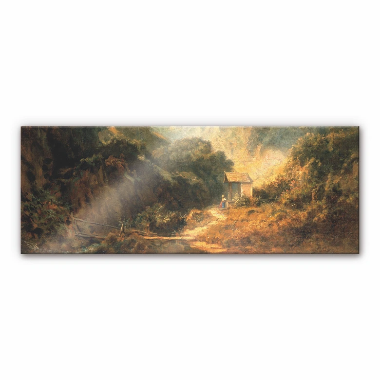 Tableau en verre acrylique - Spitzweg - Vallée rocheuse et chapelle - Panorama 