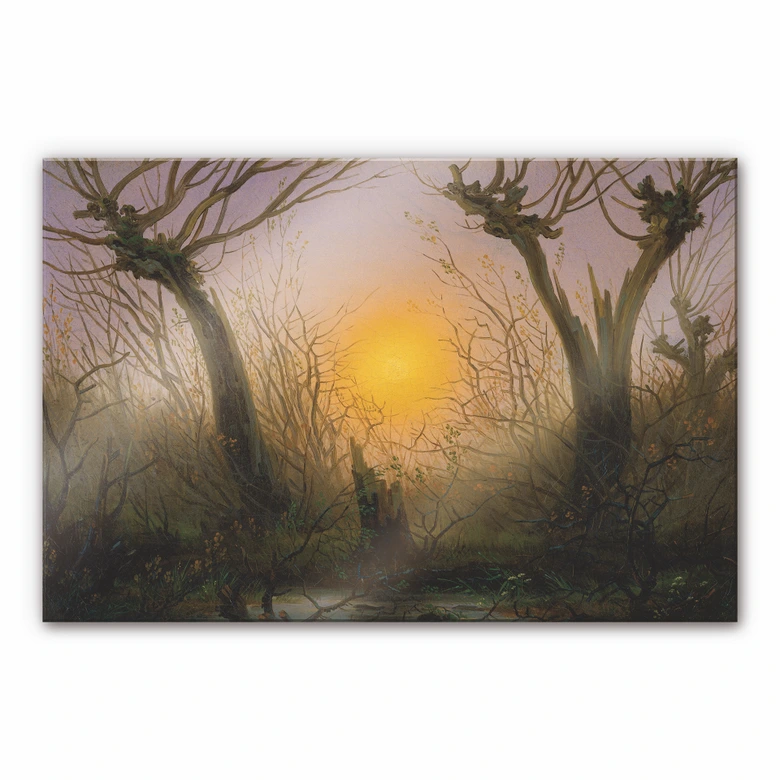 Acrylglasbild Friedrich - Waldlandschaft bei tiefstehender Sonne 