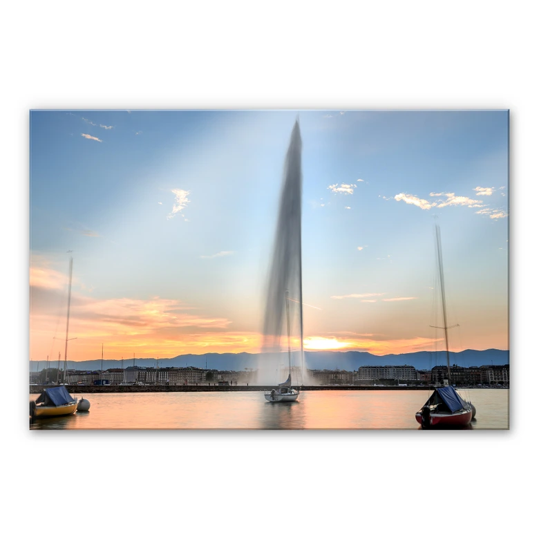 Acrylglasbild Wasserfontäne im Genfer Sonnenuntergang 