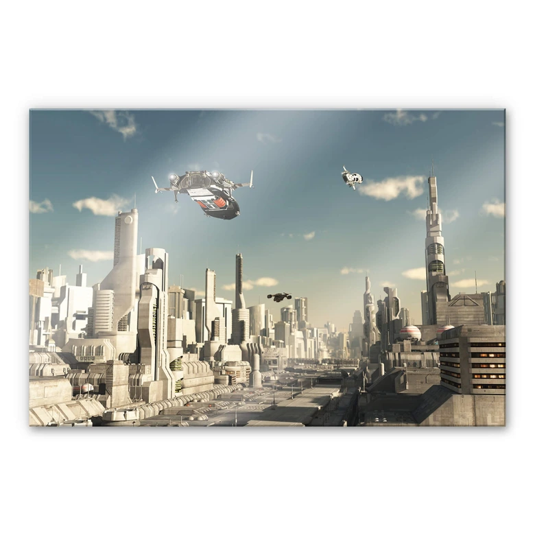 Acrylglasbild 3D Landeanflug Sci-Fi Stadt 