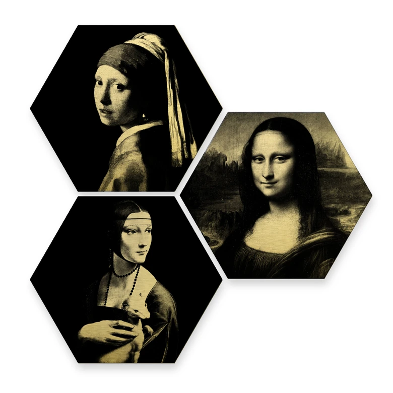 Hexagon - Alu-Dibond Goldeffekt - Berühmte Frauen der Kunstgeschichte (3er Set) 