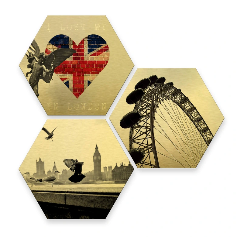Hexagon - Alu-Dibond-Goldeffekt - Impression of London (3er Set) 