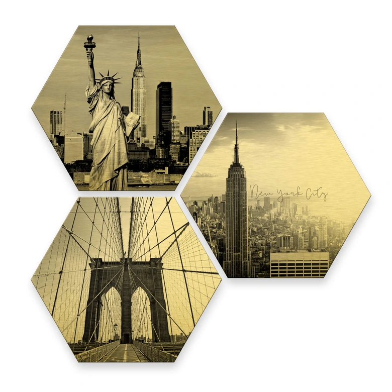 Hexagon - Alu-Dibond-Goldeffekt - Impression of New York City (3er Set) 