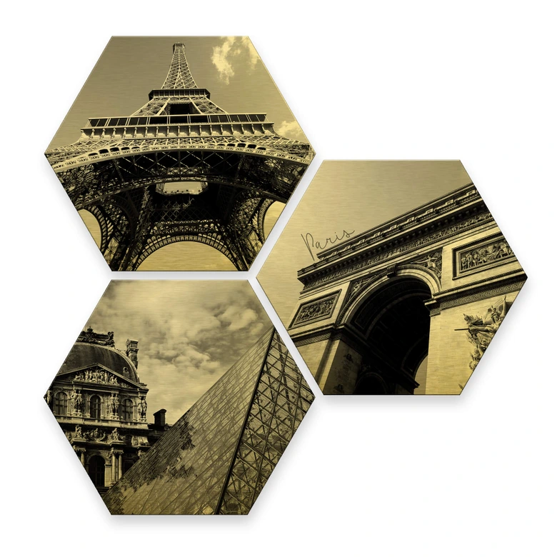 Hexagon - Alu-Dibond-Goldeffekt - Impression of Paris (3er Set) 