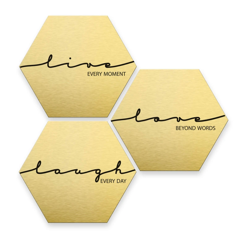 Hexagon - Alu-Dibond-Goldeffekt - Live Laugh Love (3er Set) 