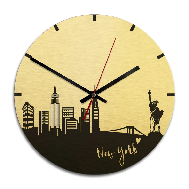 Wandklok Alu-Dibond met Goudeffect Skyline New York 