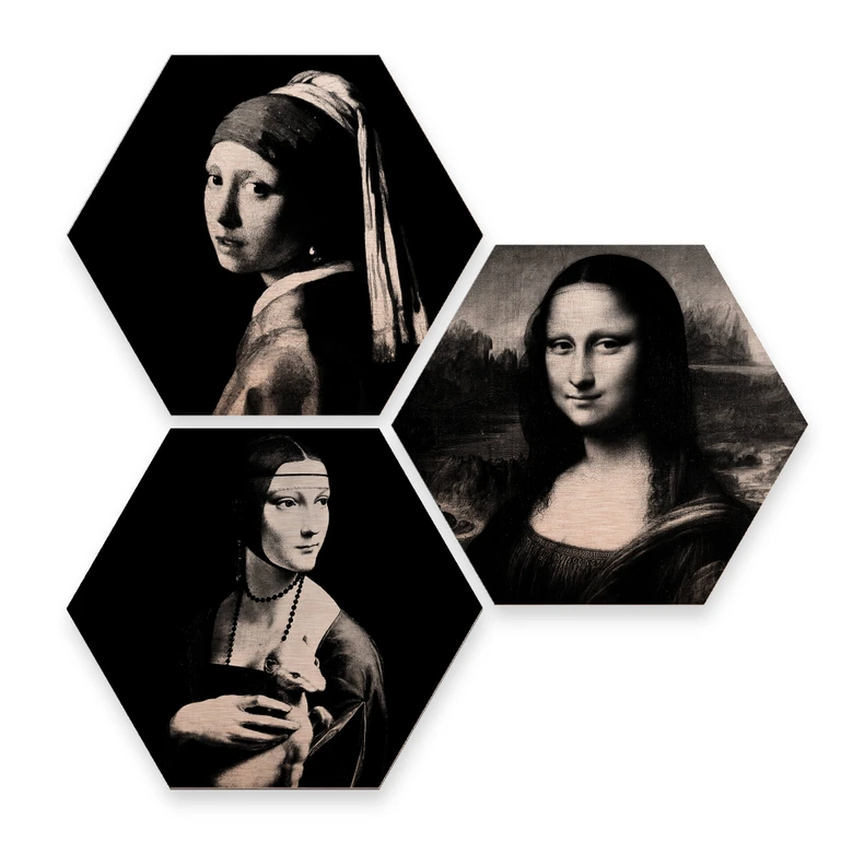 Hexagon - Alu-Dibond mit Kupfereffekt - Berühmte Frauen der Kunstgeschichte (3er Set) 