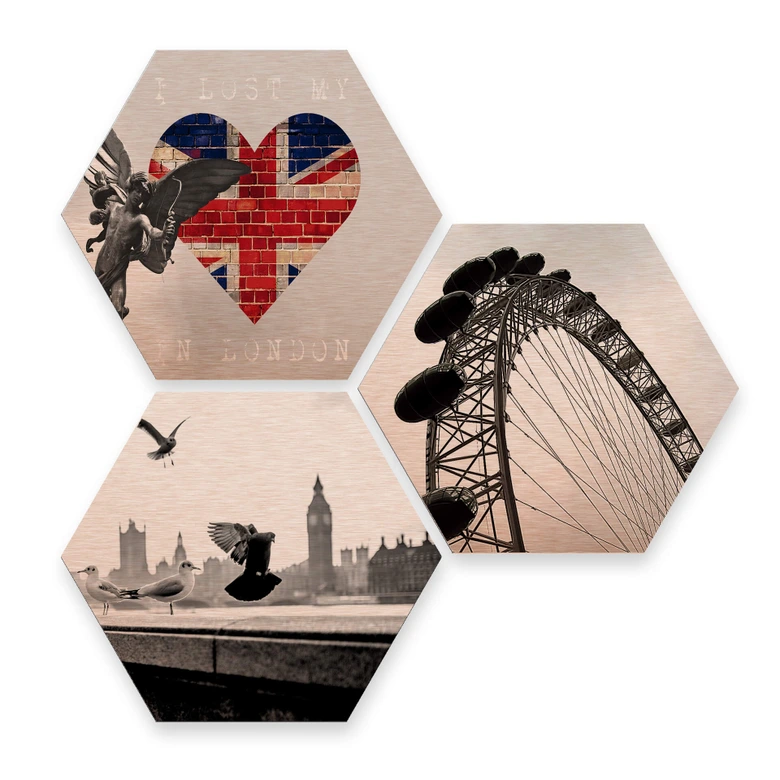 Hexagon - Alu-Dibond-Kupfereffekt - Impression of London (3er Set) 