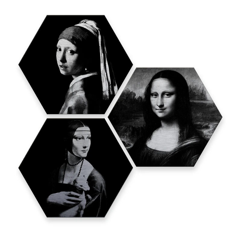 Hexagon - Alu-Dibond mit Silbereffekt - Berühmte Frauen der Kunstgeschichte (3er Set) 