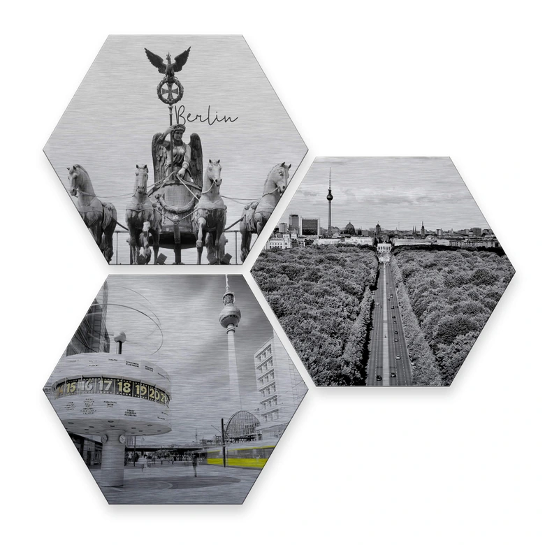 Hexagon - Alu-Dibond-Silbereffekt - Impression of Berlin (3er Set) 
