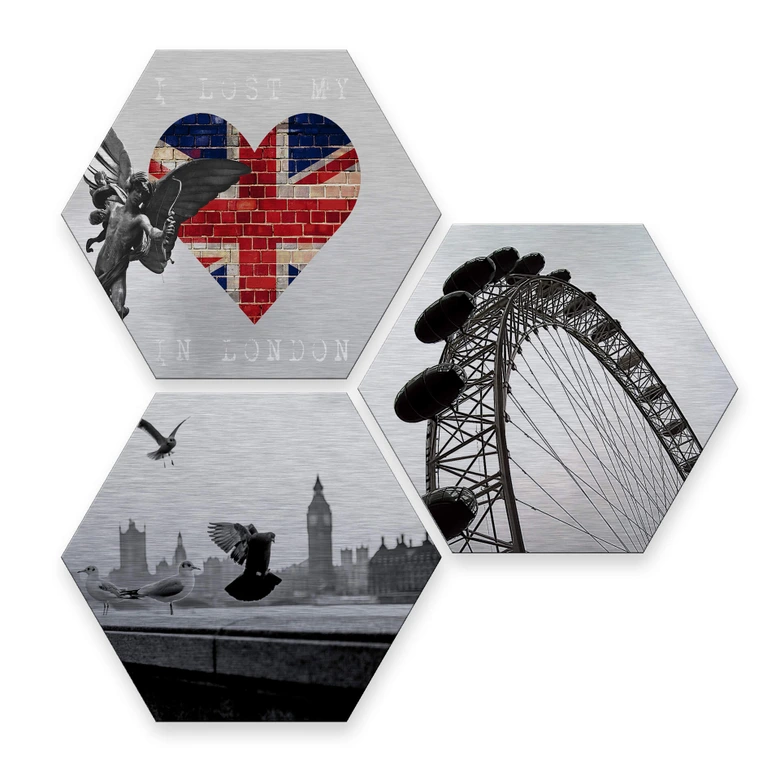 Hexagon - Alu-Dibond-Silbereffekt - Impression of London (3er Set) 