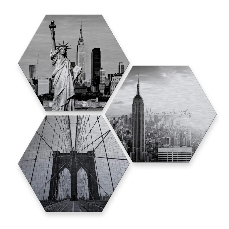 Hexagon - Alu-Dibond-Silbereffekt - Impression of New York City (3er Set) 