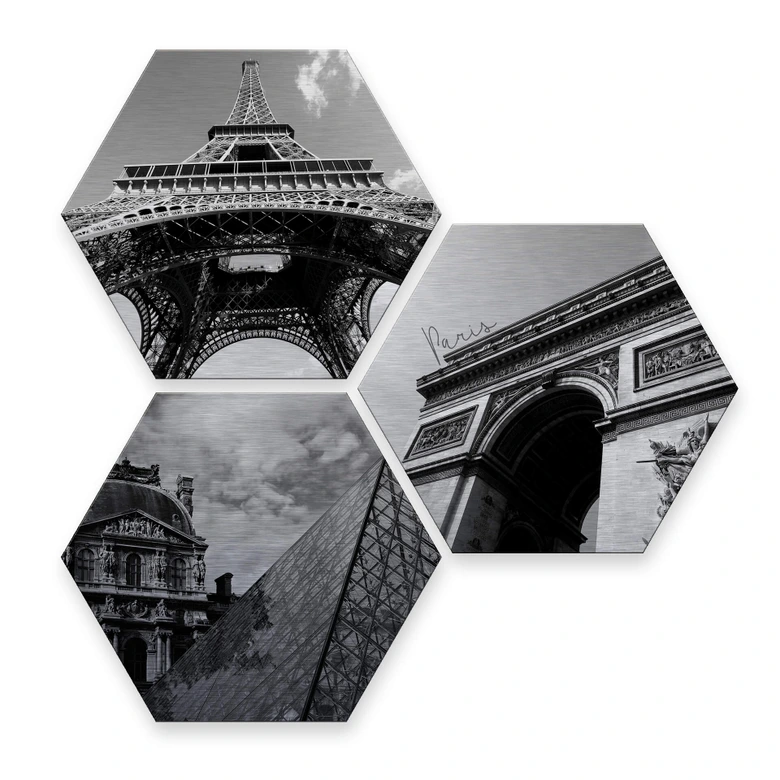 Hexagon - Alu-Dibond-Silbereffekt - Impression of Paris (3er Set) 