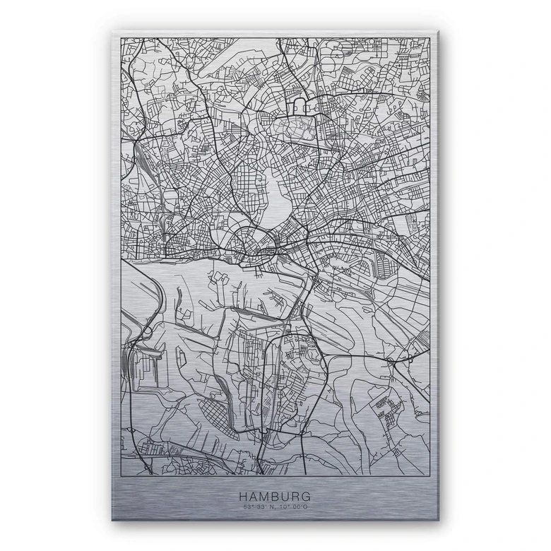 Alu-Dibond mit Silbereffekt Stadtplan Hamburg 