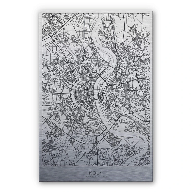 Alu-Dibond mit Silbereffekt Stadtplan Köln 