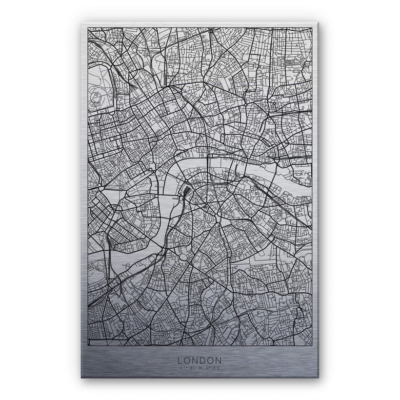 Alu-Dibond mit Silbereffekt Stadtplan London 