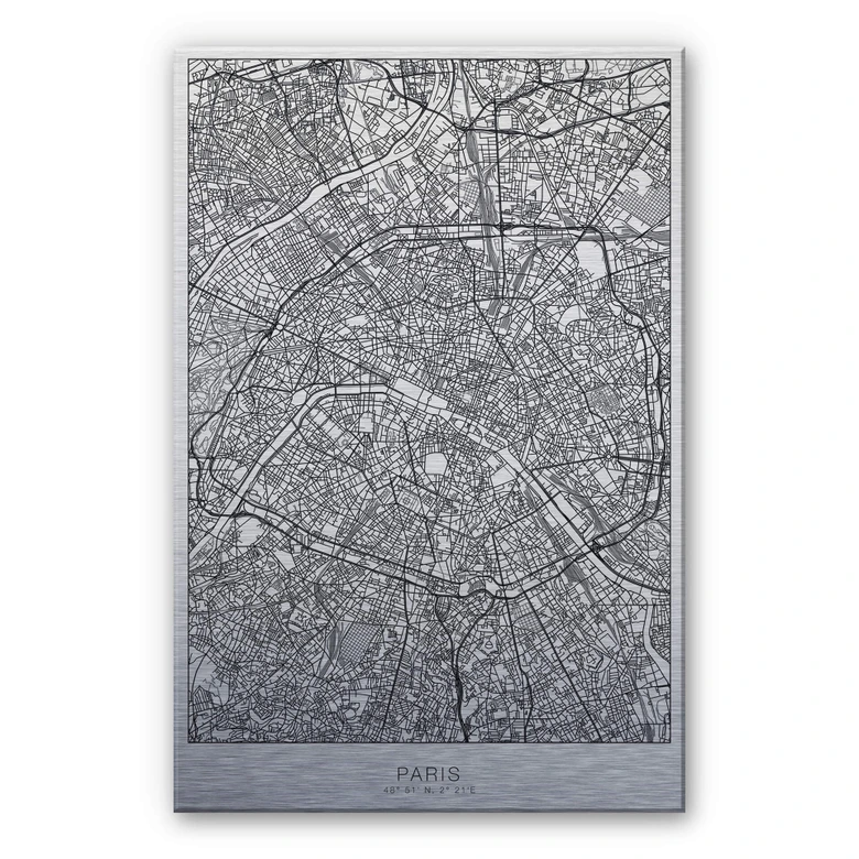Alu-Dibond mit Silbereffekt Stadtplan Paris 