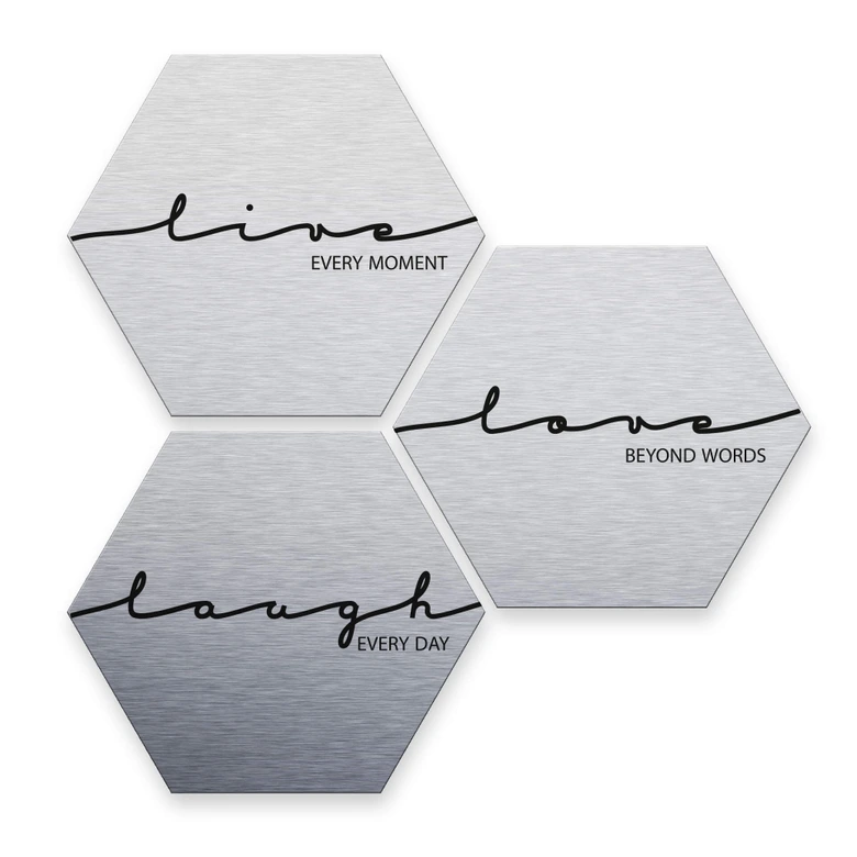 Hexagon - Alu-Dibond-Silbereffekt - Live Laugh Love (3er Set) 