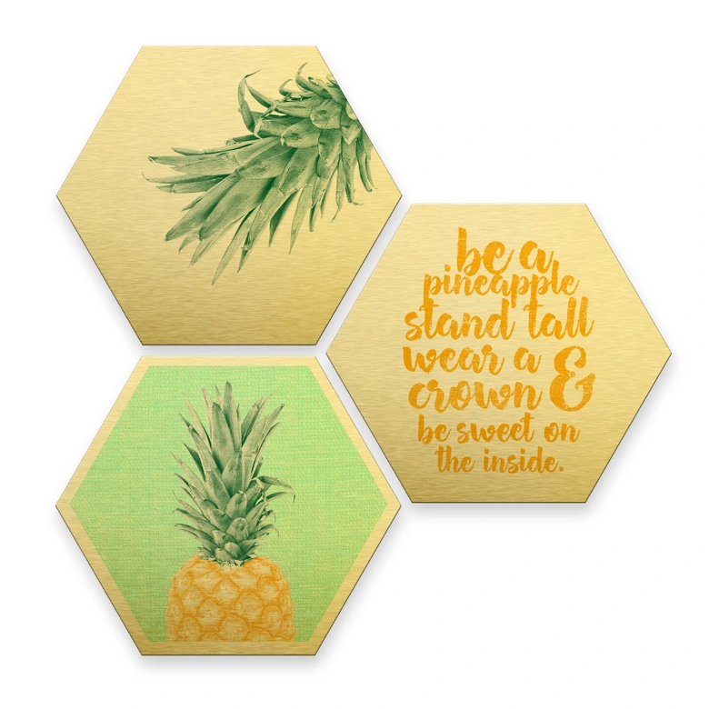 Hexagone - Alu-Dibond-Effet doré - Ananas (Set de 3) 