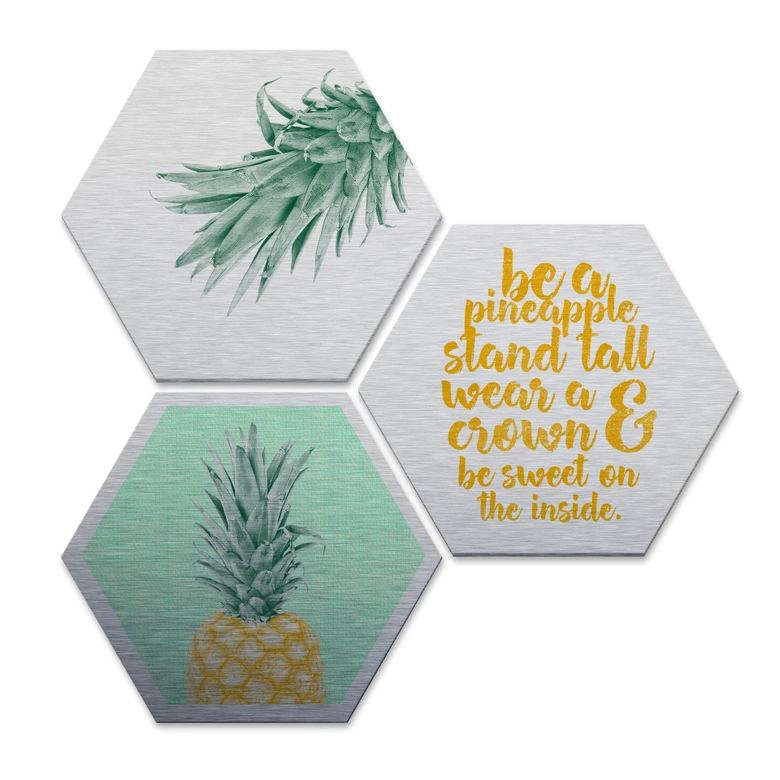 Hexagon - Alu-Dibond-Silbereffekt - Ananas (3er S et) 