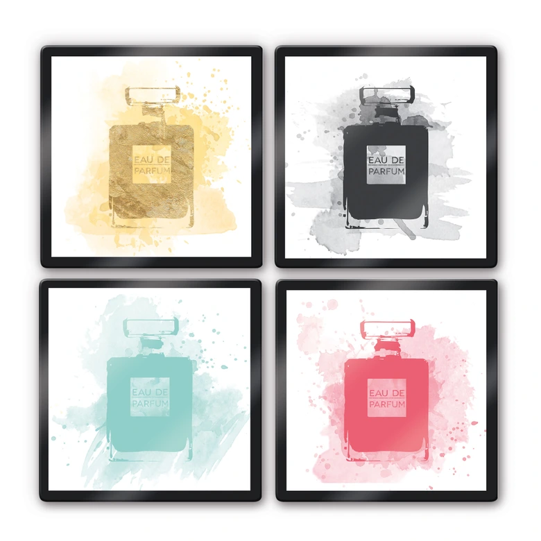 Glas-Wandbild Eau de Parfum Aquarell Bunt (4-teilig)
